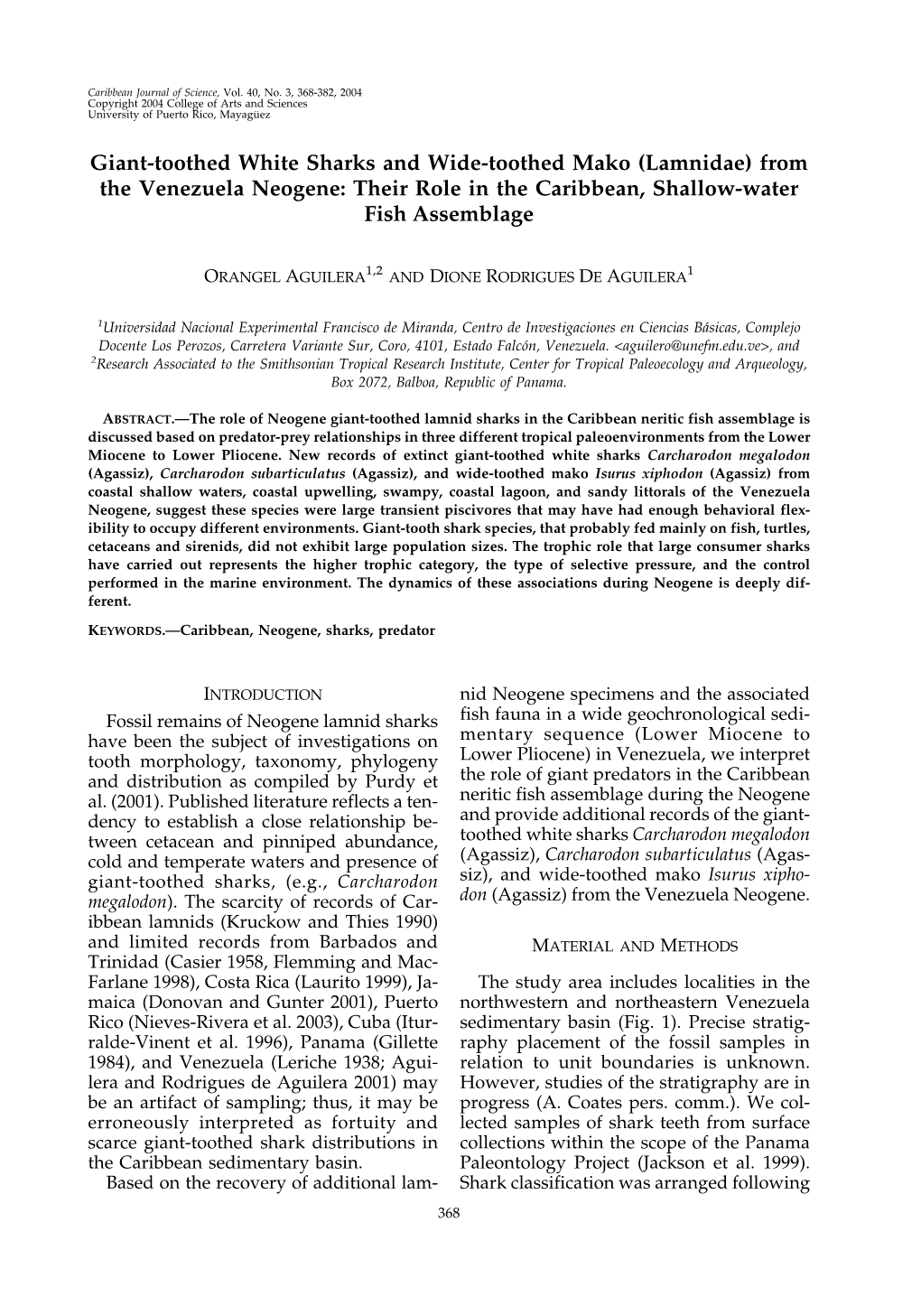 Giant-Toothed White Sharks and Wide-Toothed Mako (Lamnidae) from the Venezuela Neogene: Their Role in the Caribbean, Shallow-Water Fish Assemblage