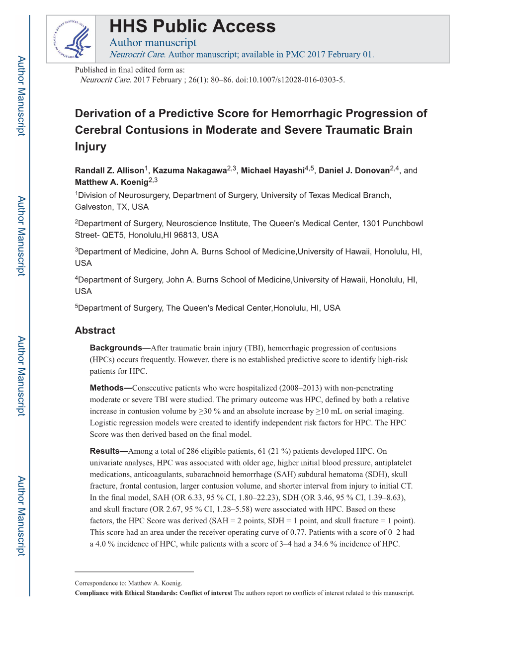 Derivation of a Predictive Score for Hemorrhagic Progression of Cerebral Contusions in Moderate and Severe Traumatic Brain Injury