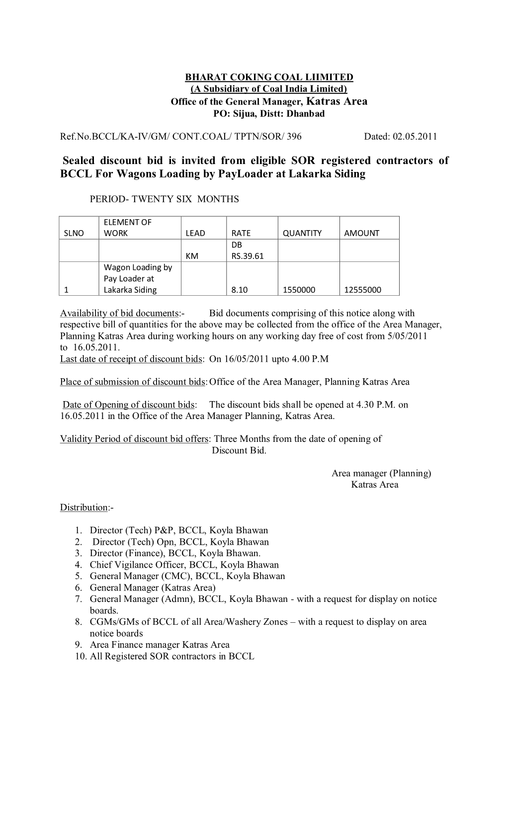 Sealed Discount Bid Is Invited from Eligible SOR Registered Contractors of BCCL for Wagons Loading by Payloader at Lakarka Siding