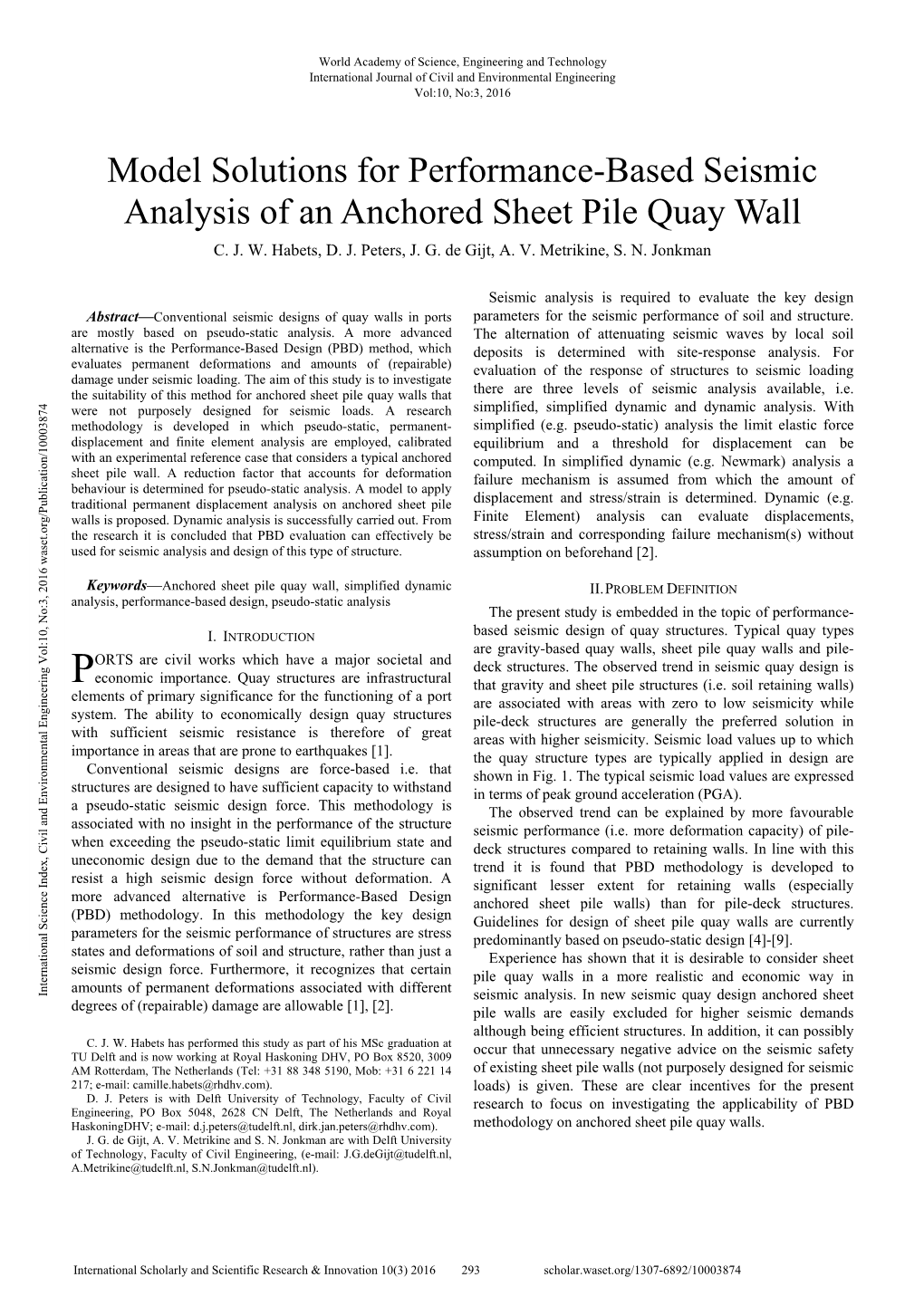 Model Solutions for Performance-Based Seismic Analysis of an Anchored Sheet Pile Quay Wall C