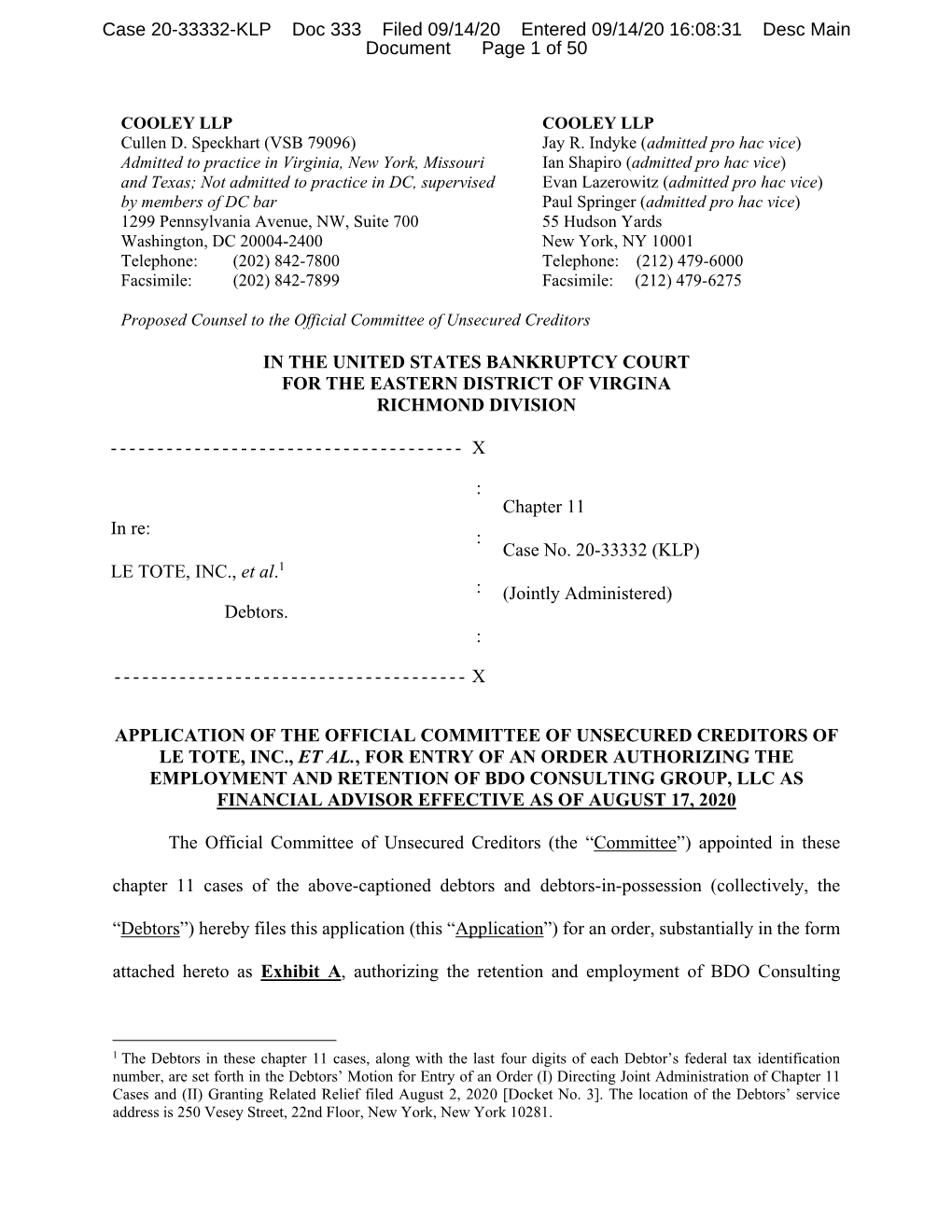 Case 20-33332-KLP Doc 333 Filed 09/14/20 Entered 09/14/20 16:08:31 Desc Main Document Page 1 of 50