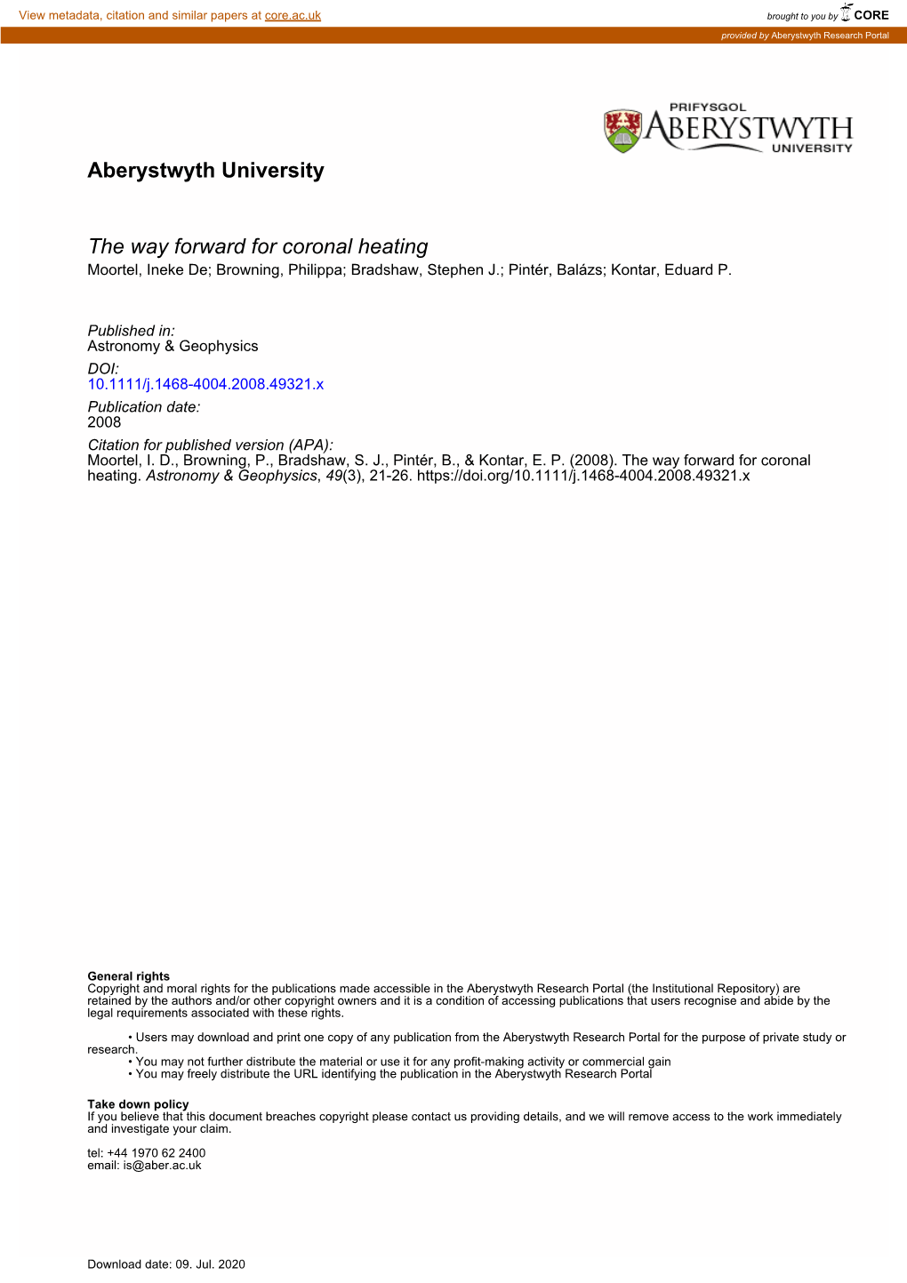 The Way Forward for Coronal Heating Moortel, Ineke De; Browning, Philippa; Bradshaw, Stephen J.; Pintér, Balázs; Kontar, Eduard P