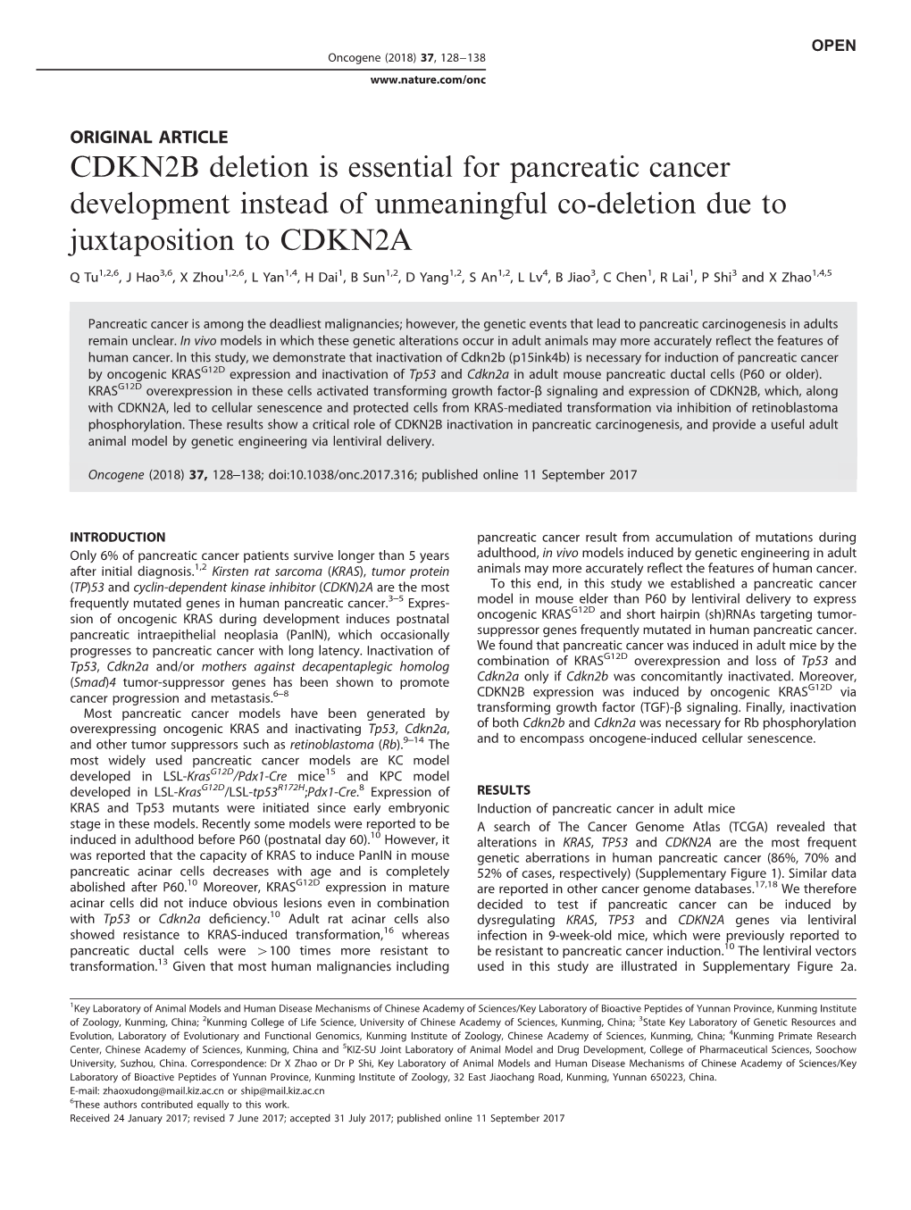 CDKN2B Deletion Is Essential for Pancreatic Cancer Development Instead of Unmeaningful Co-Deletion Due to Juxtaposition to CDKN2A