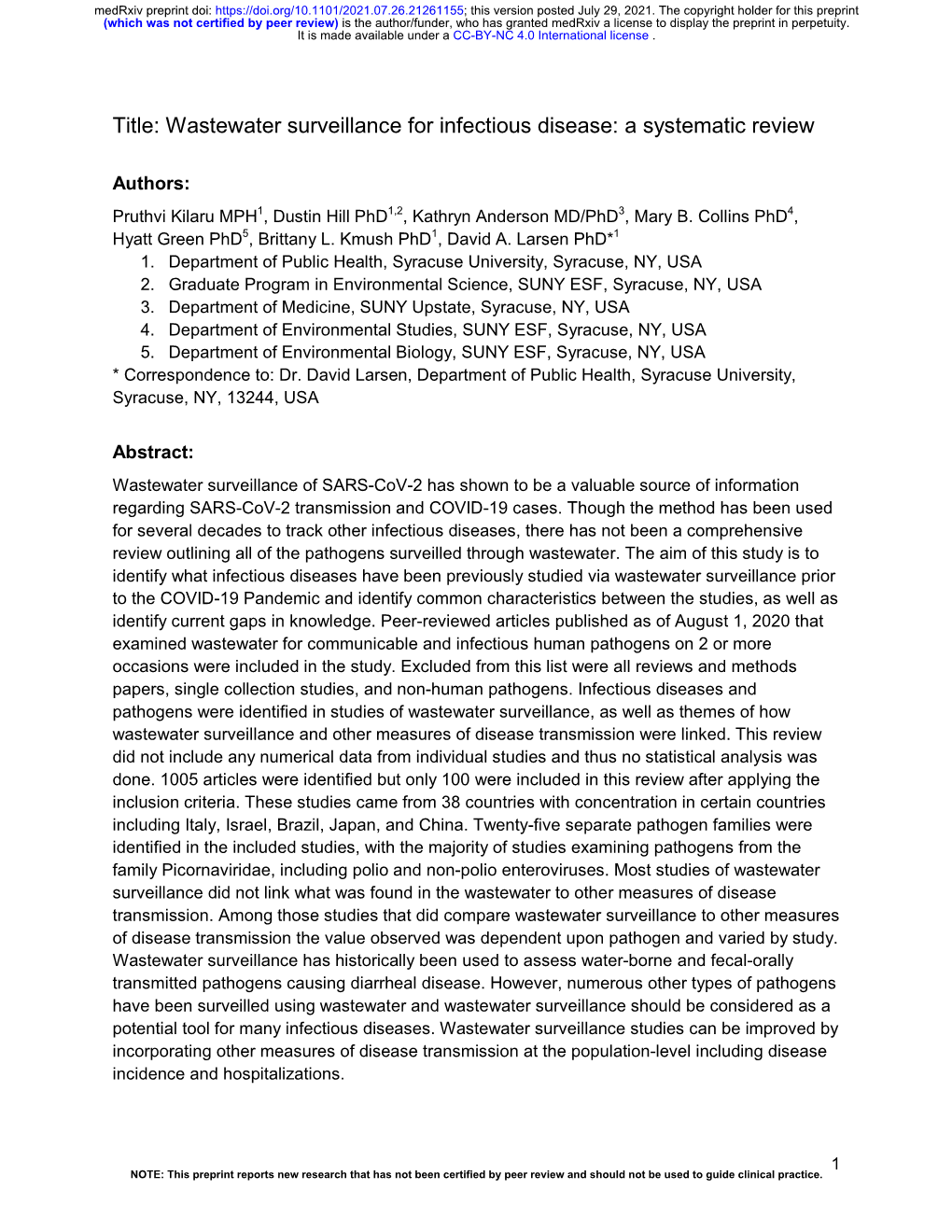 Wastewater Surveillance for Infectious Disease: a Systematic Review