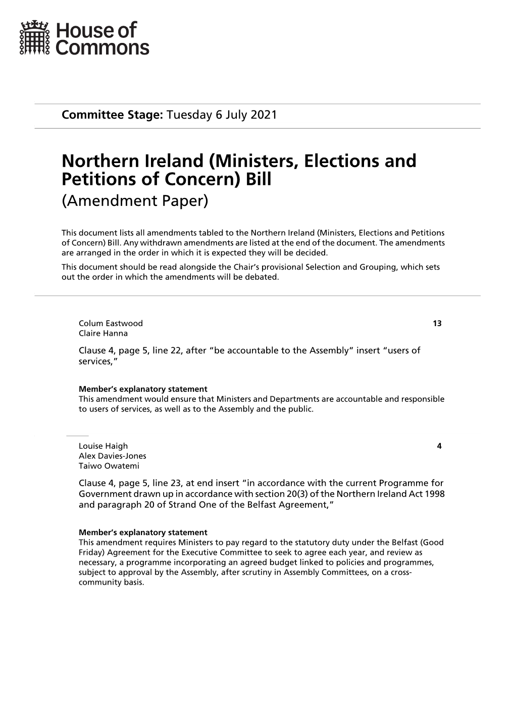 Northern Ireland (Ministers, Elections and Petitions of Concern) Bill (Amendment Paper)