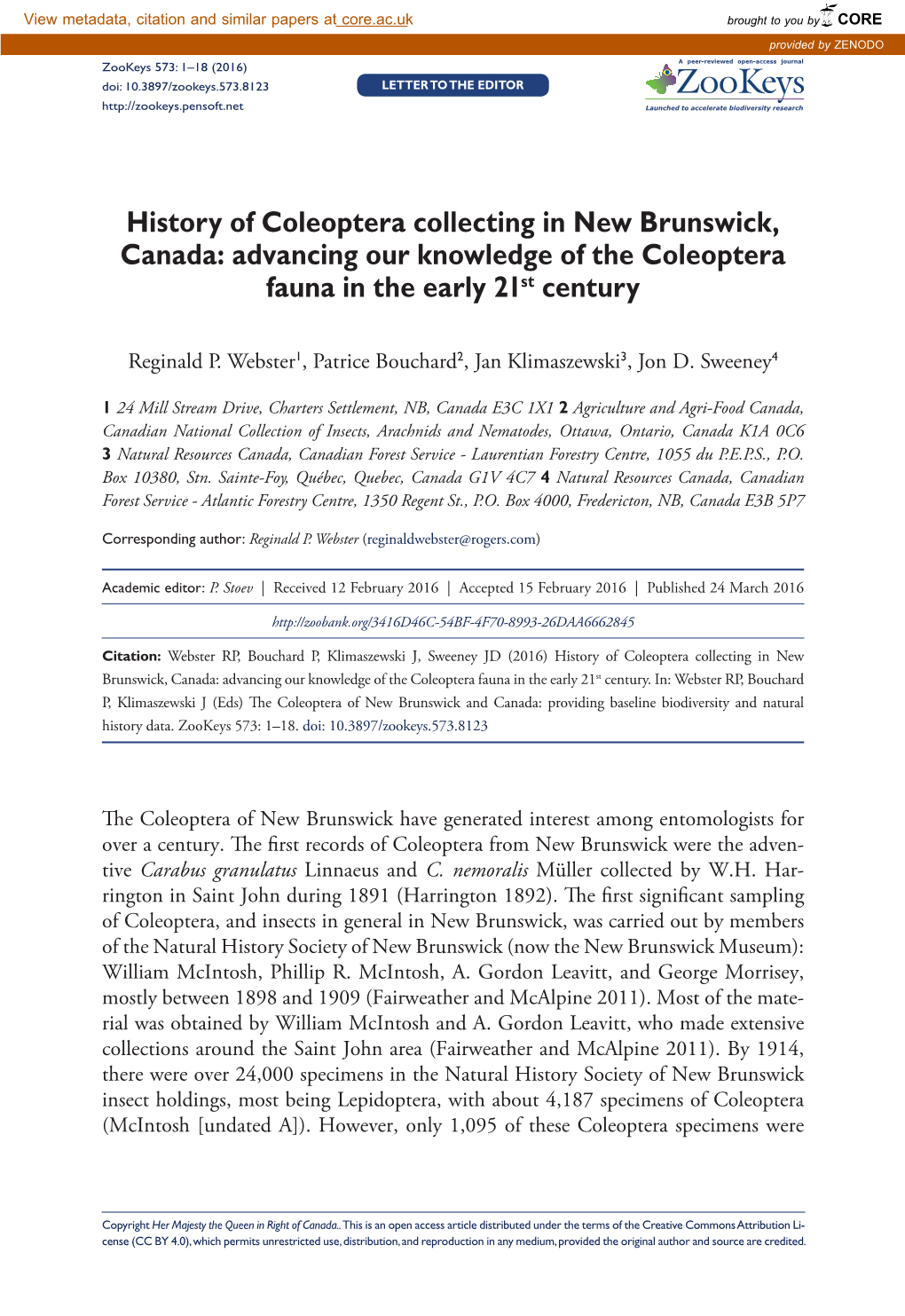 History of Coleoptera Collecting in New Brunswick, Canada