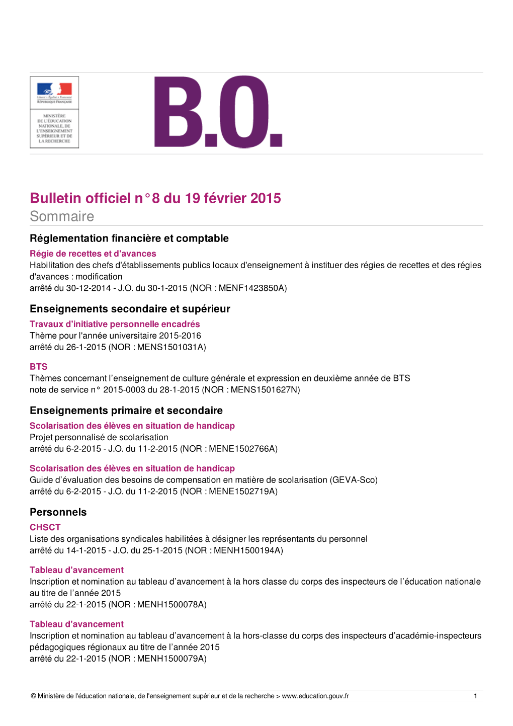 Bulletin Officiel N°8 Du 19 Février 2015