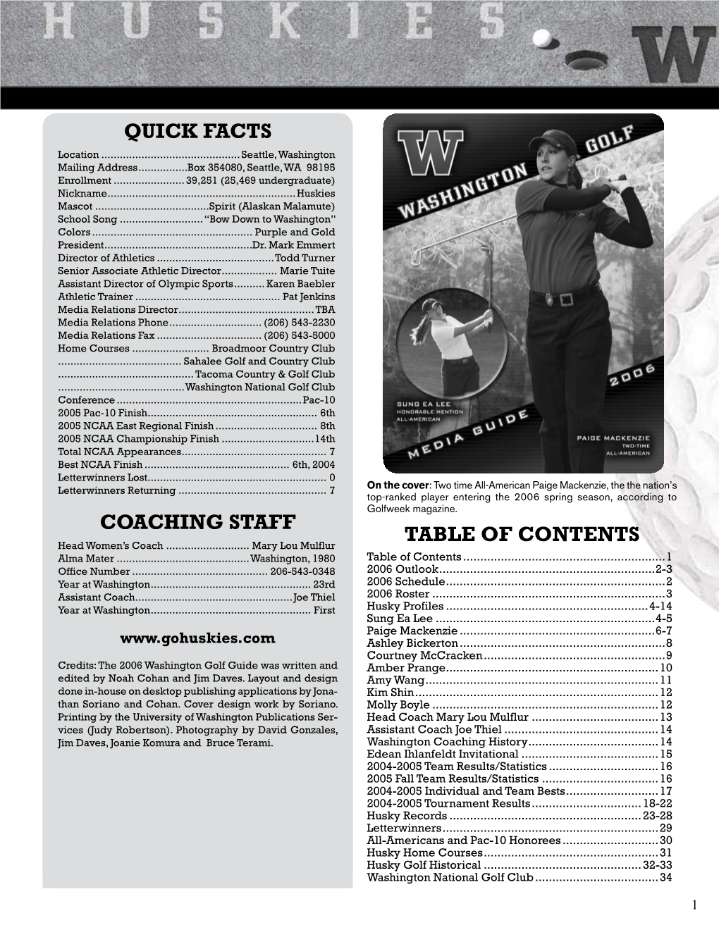 Quick Facts Coaching Staff Table of Contents
