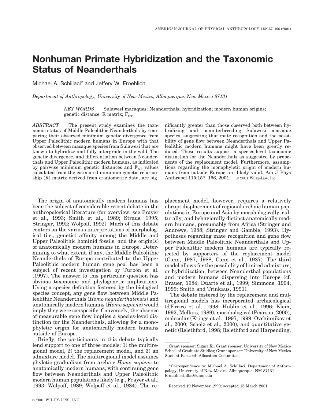 Nonhuman Primate Hybridization and the Taxonomic Status of Neanderthals