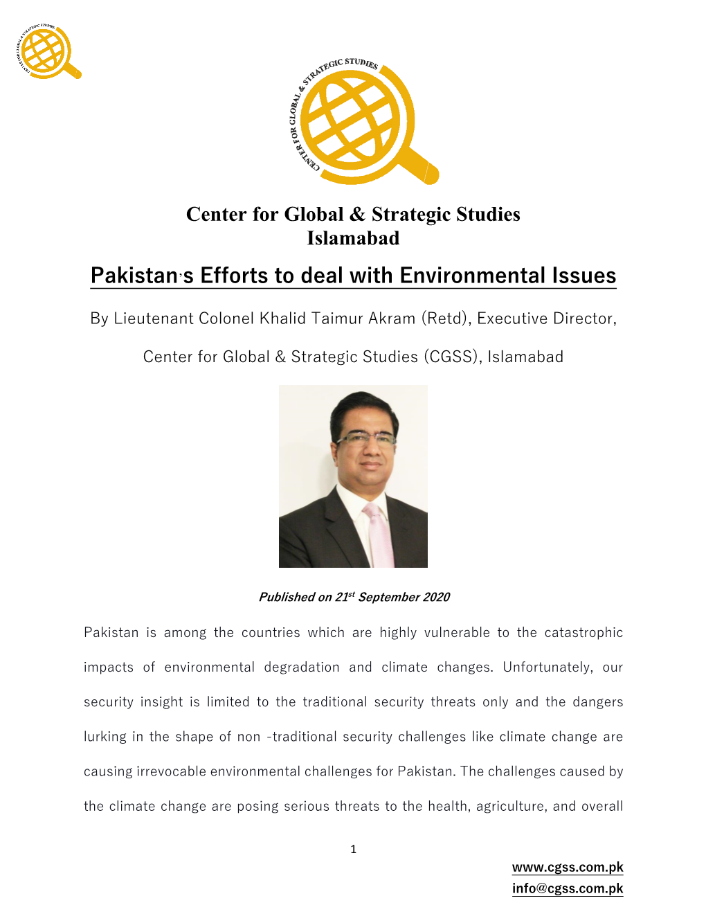 Center for Global & Strategic Studies Islamabad Pakistan's Efforts to Deal