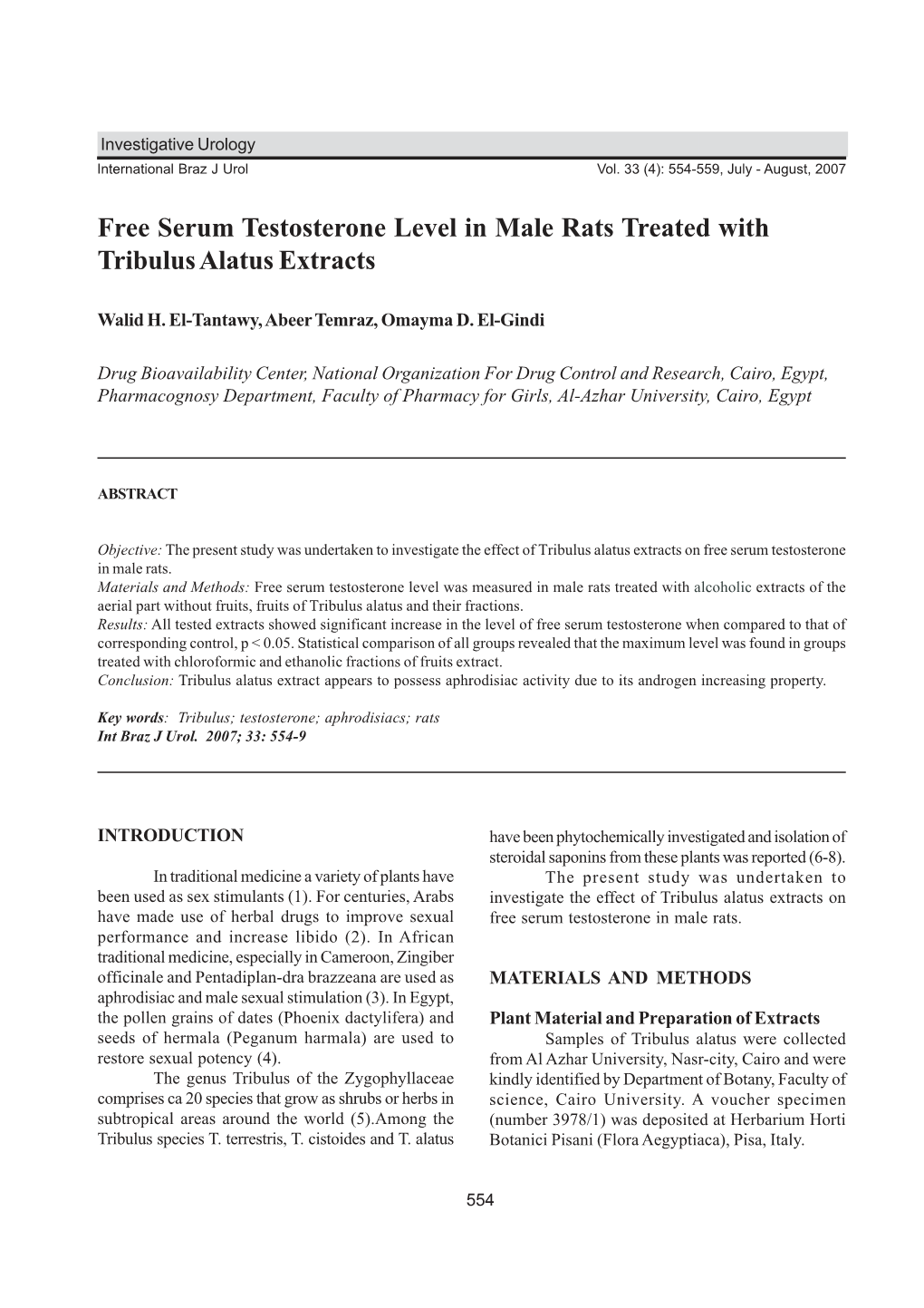 Free Serum Testosterone Level in Male Rats Treated with Tribulus Alatus Extracts