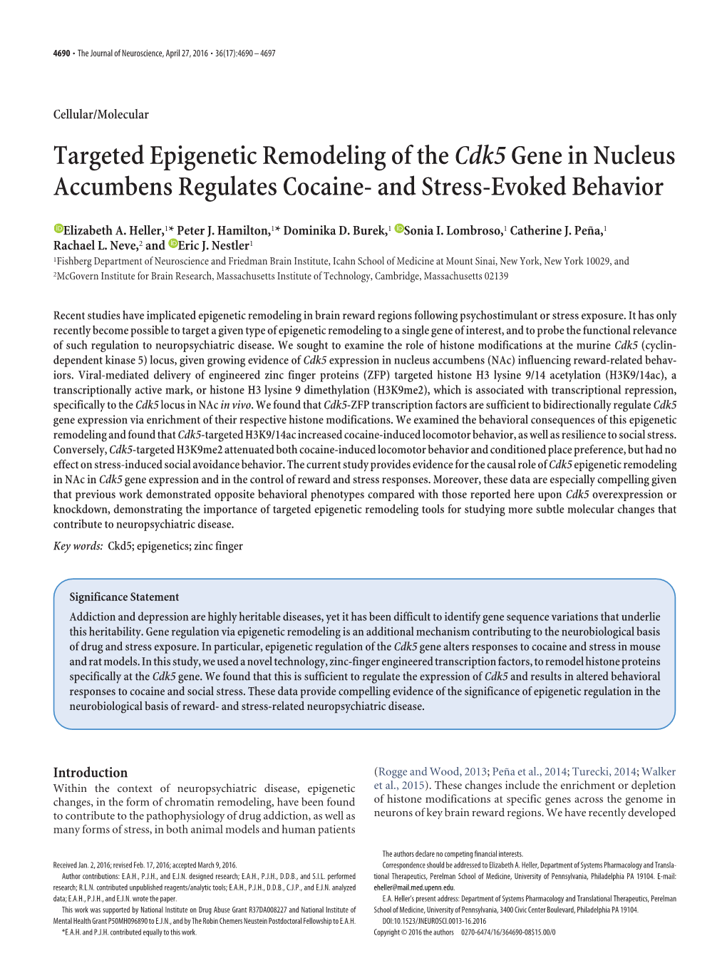 Targeted Epigenetic Remodeling of the Cdk5 Gene in Nucleus Accumbens Regulates Cocaine- and Stress-Evoked Behavior