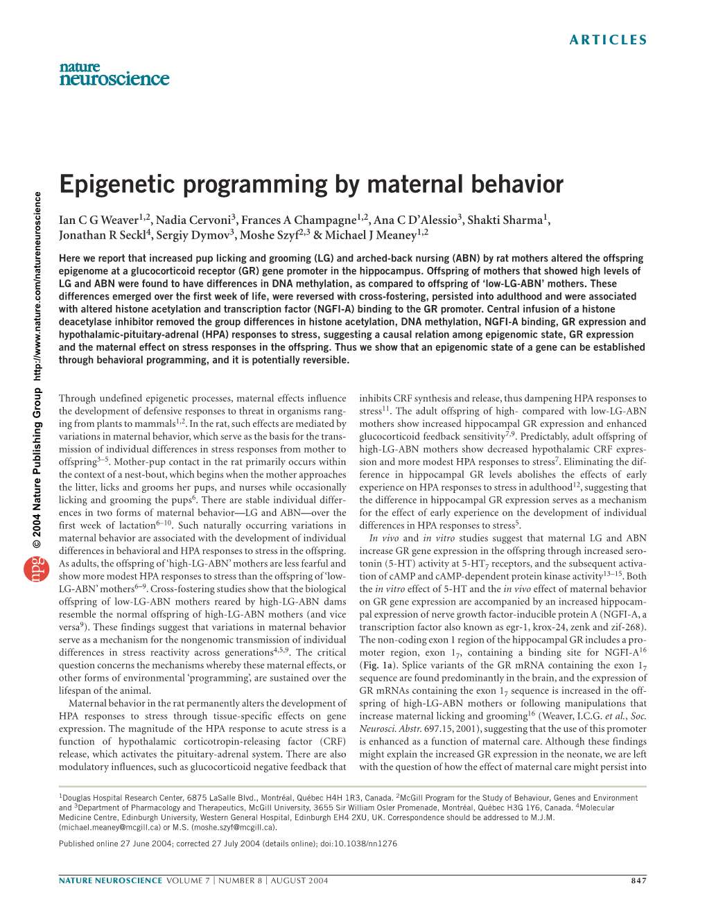 Epigenetic Programming by Maternal Behavior