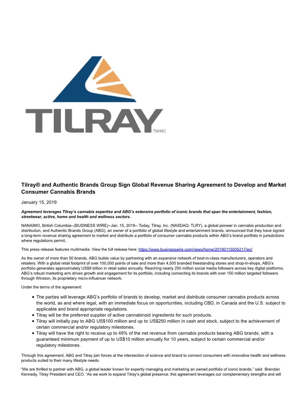 Tilray® and Authentic Brands Group Sign Global Revenue Sharing Agreement to Develop and Market Consumer Cannabis Brands