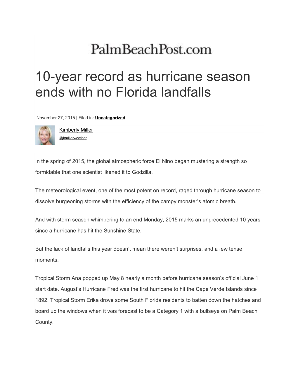 10-Year Record As Hurricane Season Ends with No Florida Landfalls