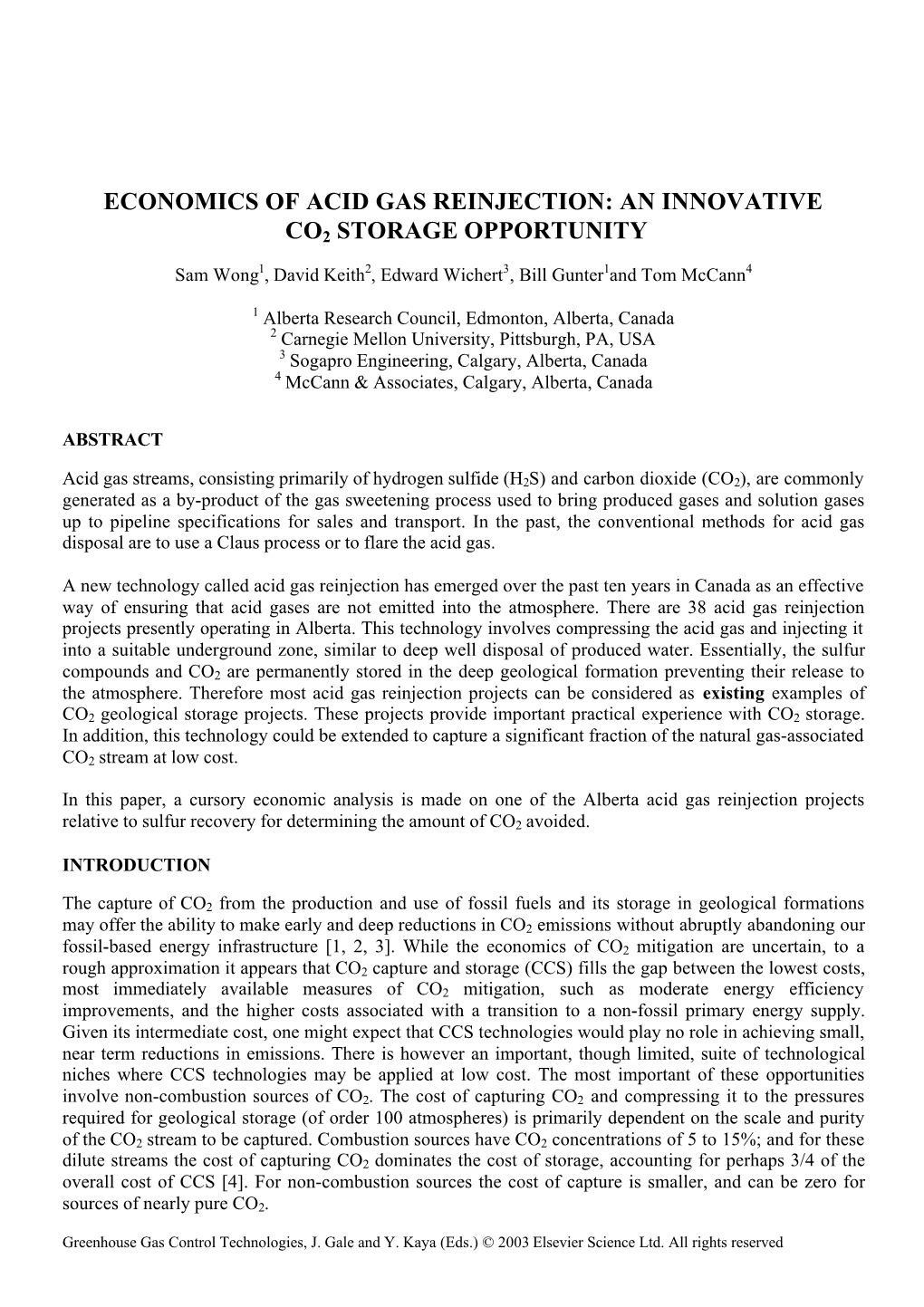 Economics of Acid Gas Reinjection: an Innovative Co2 Storage Opportunity