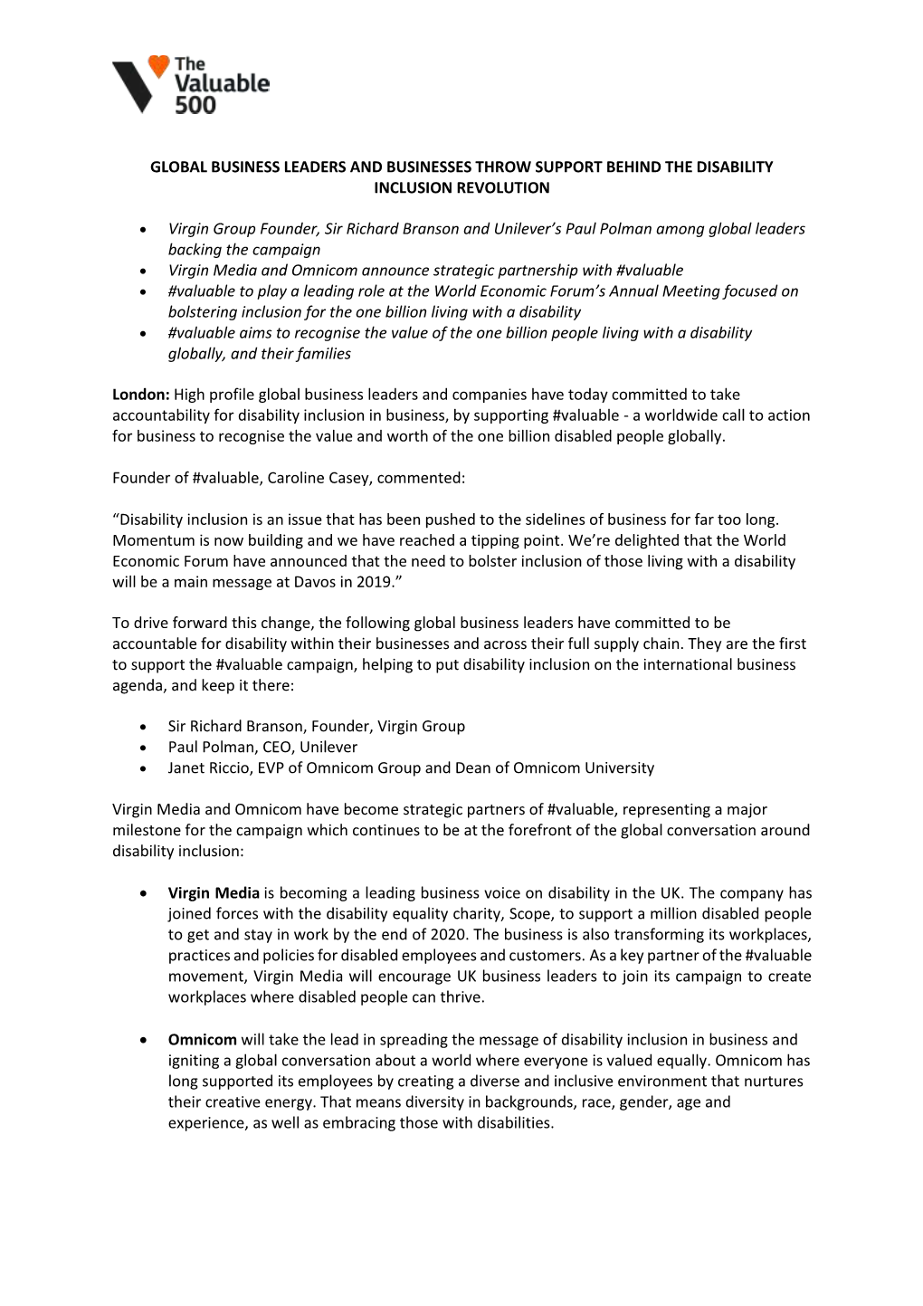 GLOBAL BUSINESS LEADERS and BUSINESSES THROW SUPPORT BEHIND the DISABILITY INCLUSION REVOLUTION • Virgin Group Founder, Sir Ri