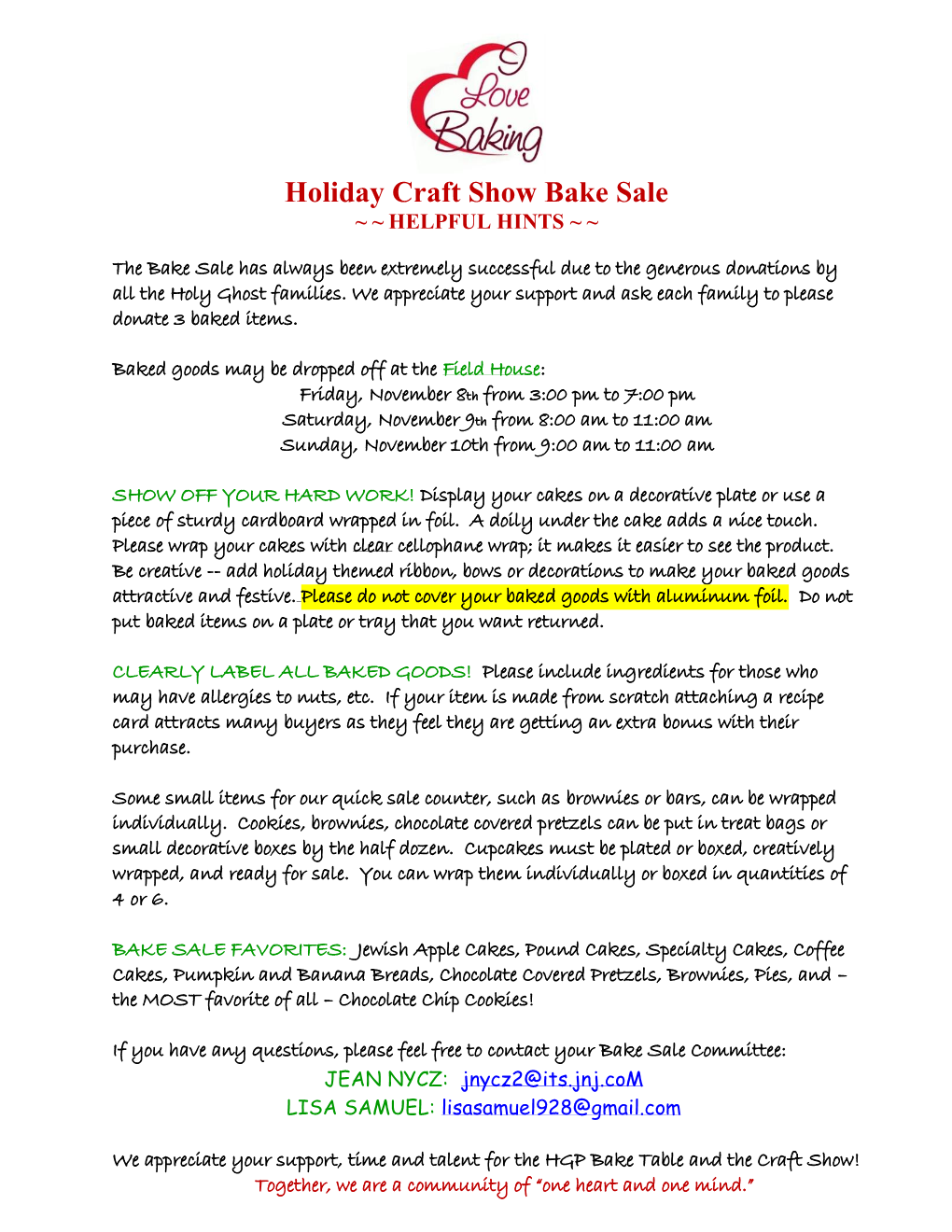 Holiday Craft Show Bake Sale ~ ~ HELPFUL HINTS ~ ~