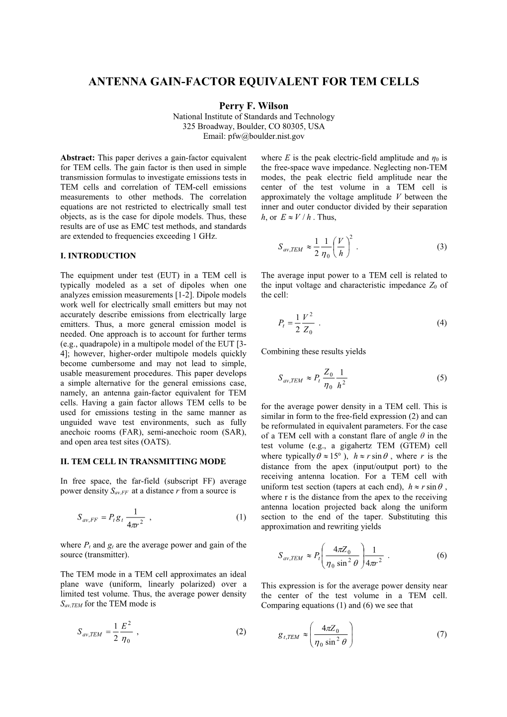 Antenna Factor Equivalent for a TEM Cell