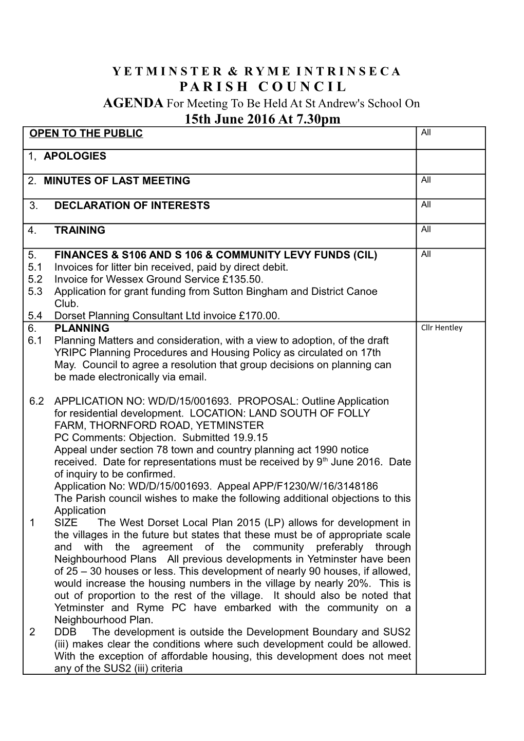 AGENDA for Meeting to Be Held at St Andrew's School On