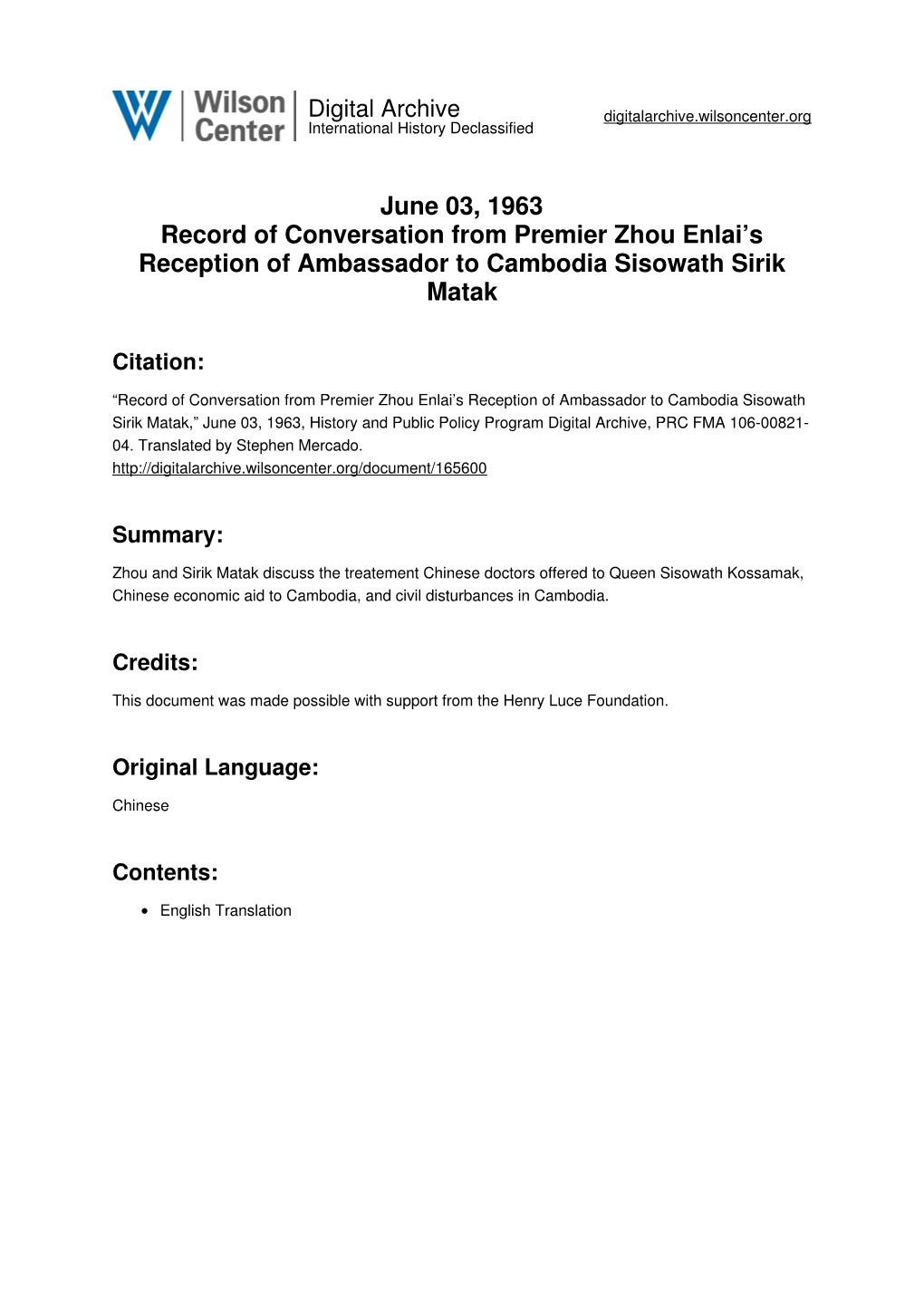 June 03, 1963 Record of Conversation from Premier Zhou Enlai’S Reception of Ambassador to Cambodia Sisowath Sirik Matak