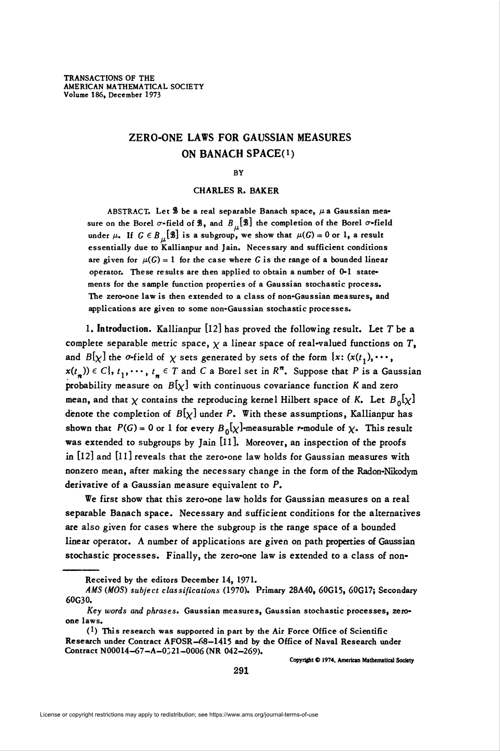 ZERO-ONE LAWS for GAUSSIAN MEASURES on BANACH SPACE(I)