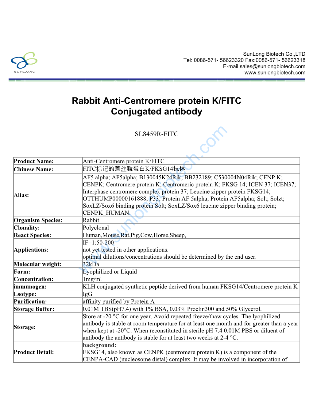 Rabbit Anti-Centromere Protein K/FITC Conjugated Antibody