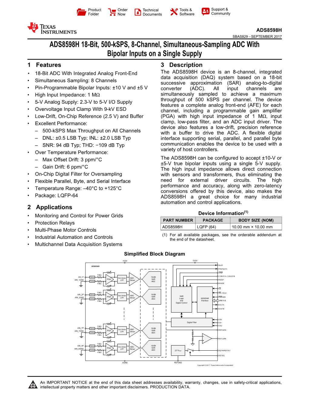 ADS8598H 18-Bit, 500-Ksps, 8-Channel, Simultaneous-Sampling