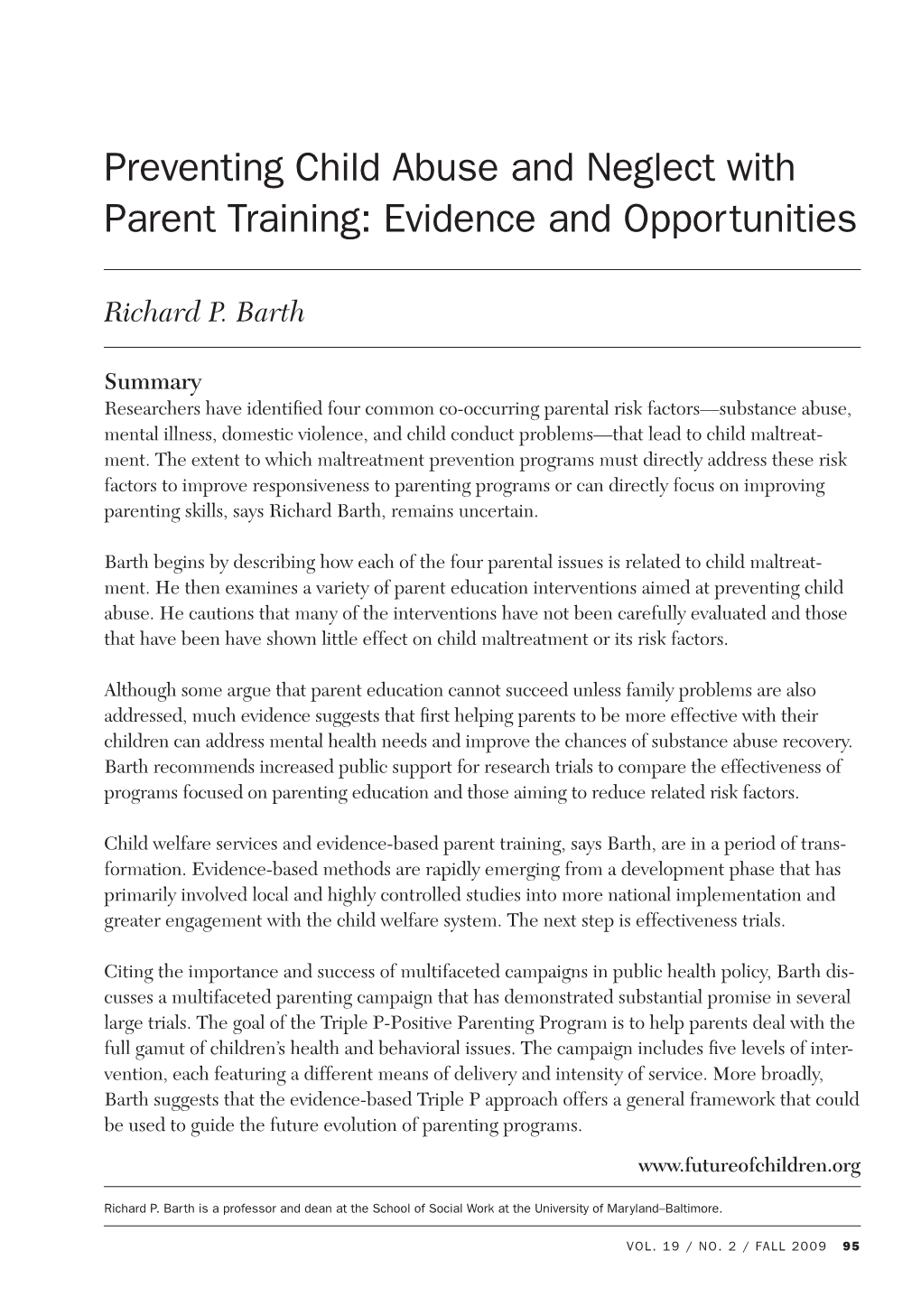 Preventing Child Abuse and Neglect with Parent Training: Evidence and Opportunities