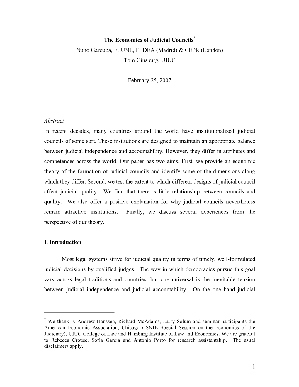 1 the Economics of Judicial Councils Nuno Garoupa