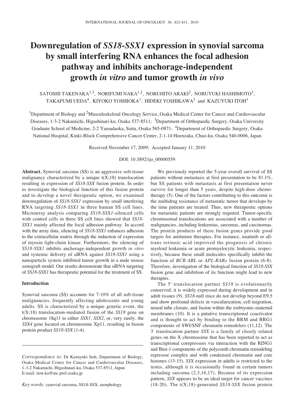 Downregulation of SS18-SSX1 Expression in Synovial Sarcoma