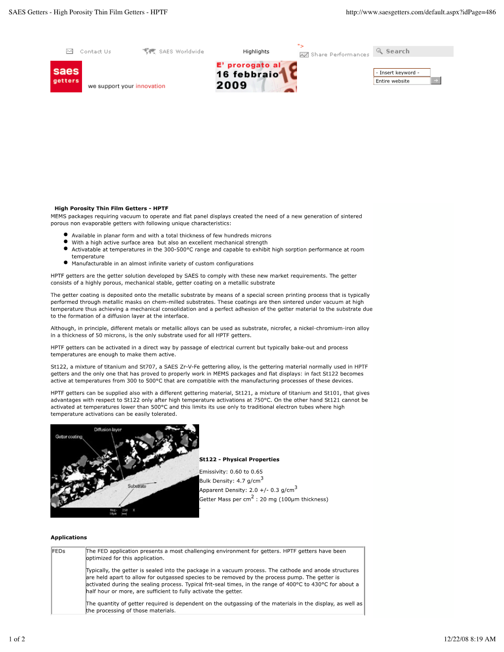 SAES Getters - High Porosity Thin Film Getters - HPTF