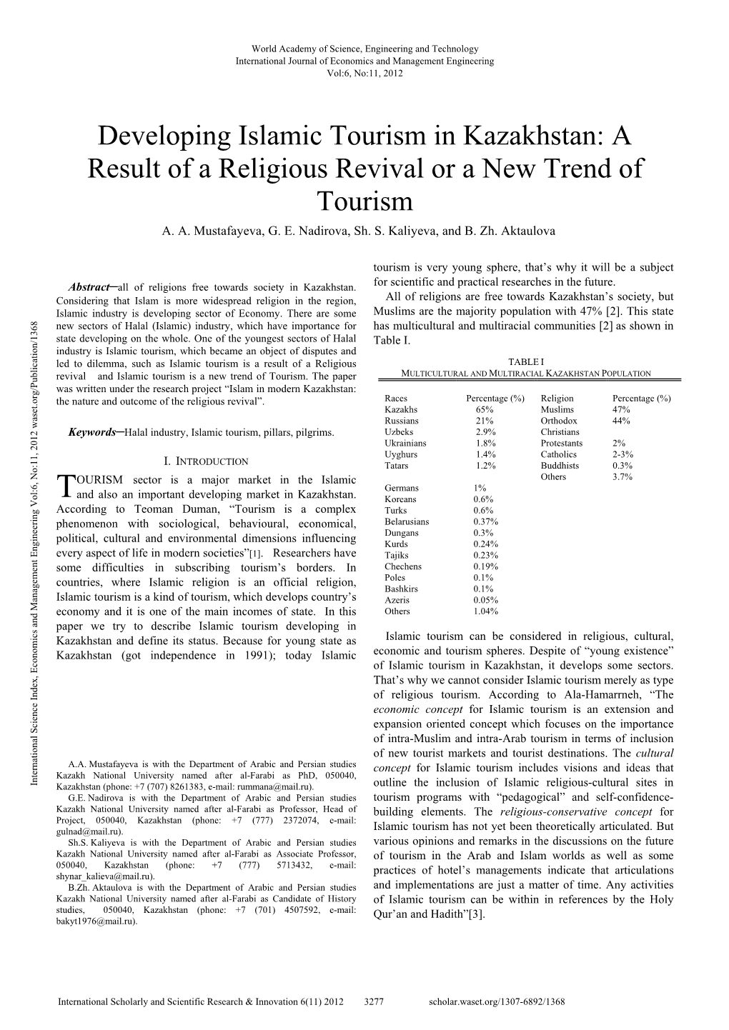 Developing Islamic Tourism in Kazakhstan: a Result of a Religious Revival Or a New Trend of Tourism A