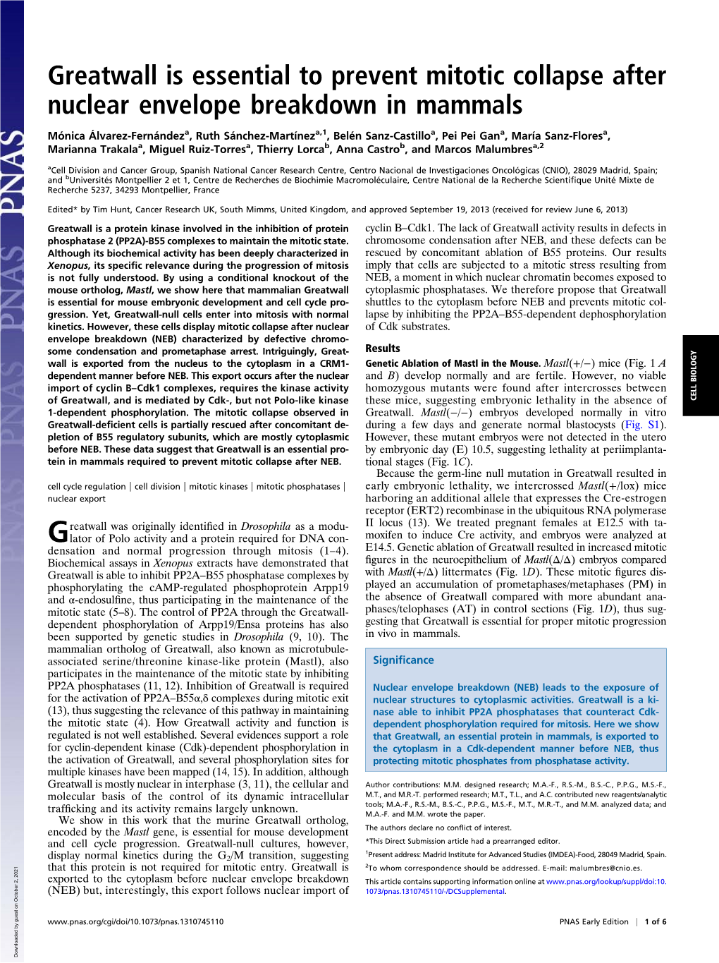 Greatwall Is Essential to Prevent Mitotic Collapse After Nuclear Envelope Breakdown in Mammals