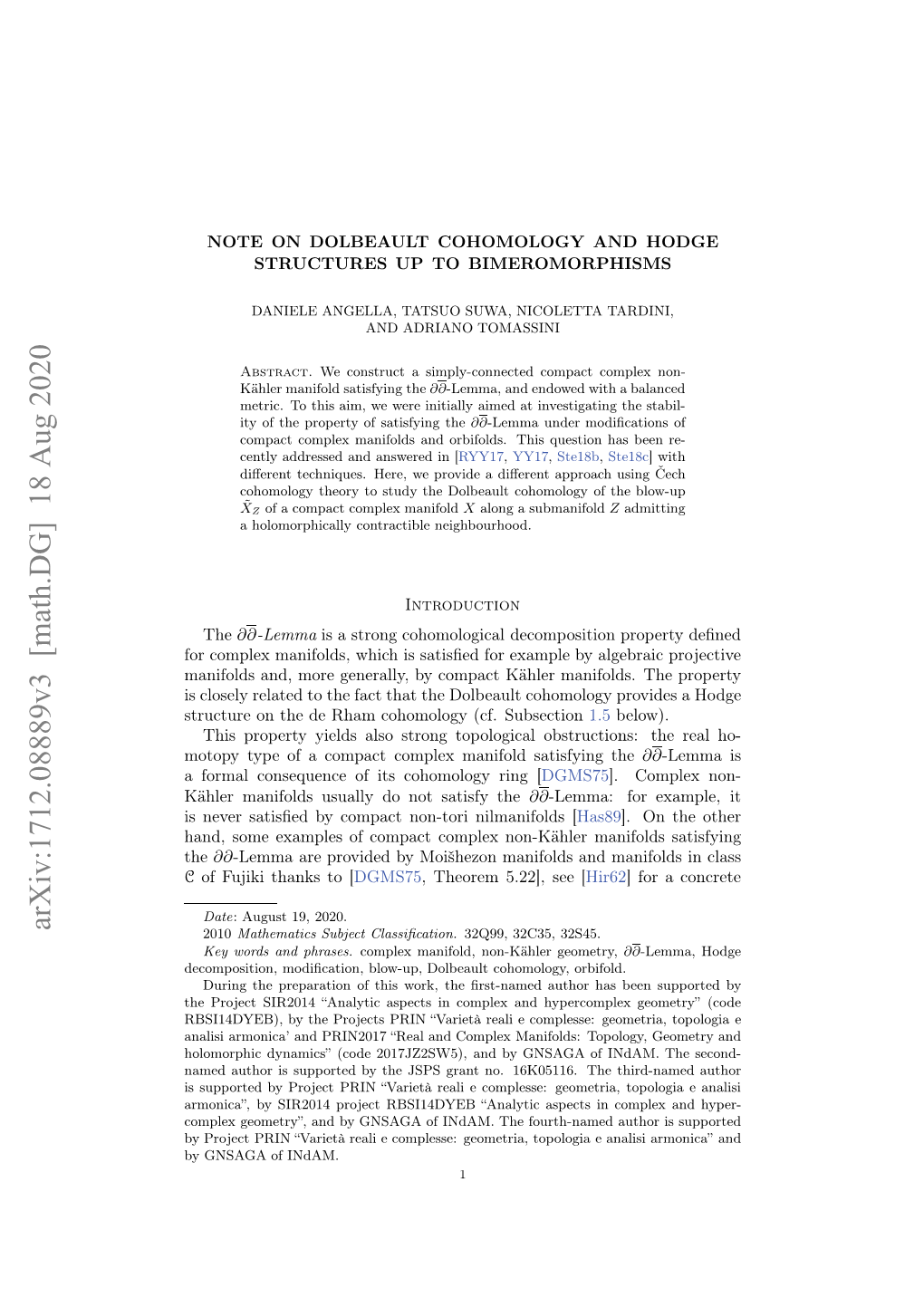 Arxiv:1712.08889V3 [Math.DG] 18 Aug 2020 Ypoetpi Vreàraiecmlse Emti,Topo Geometria, Indam