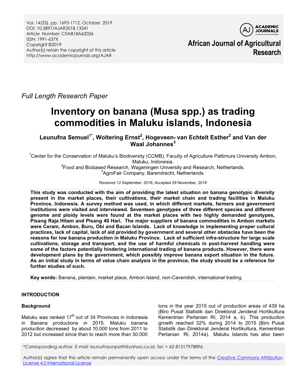 Inventory on Banana (Musa Spp.) As Trading Commodities in Maluku Islands, Indonesia