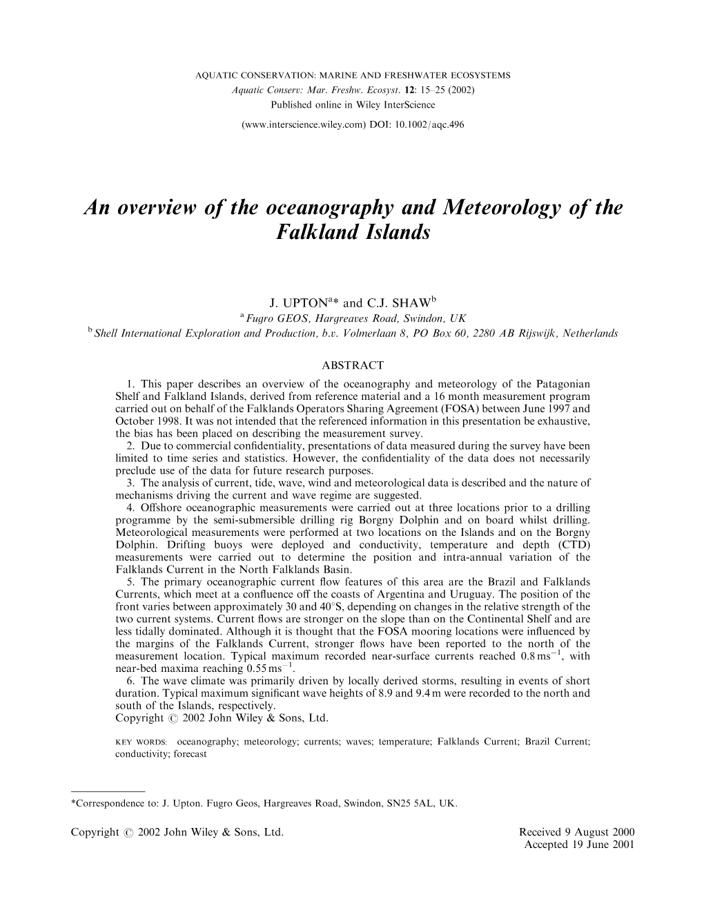 An Overview of the Oceanography and Meteorology of the Falkland Islands