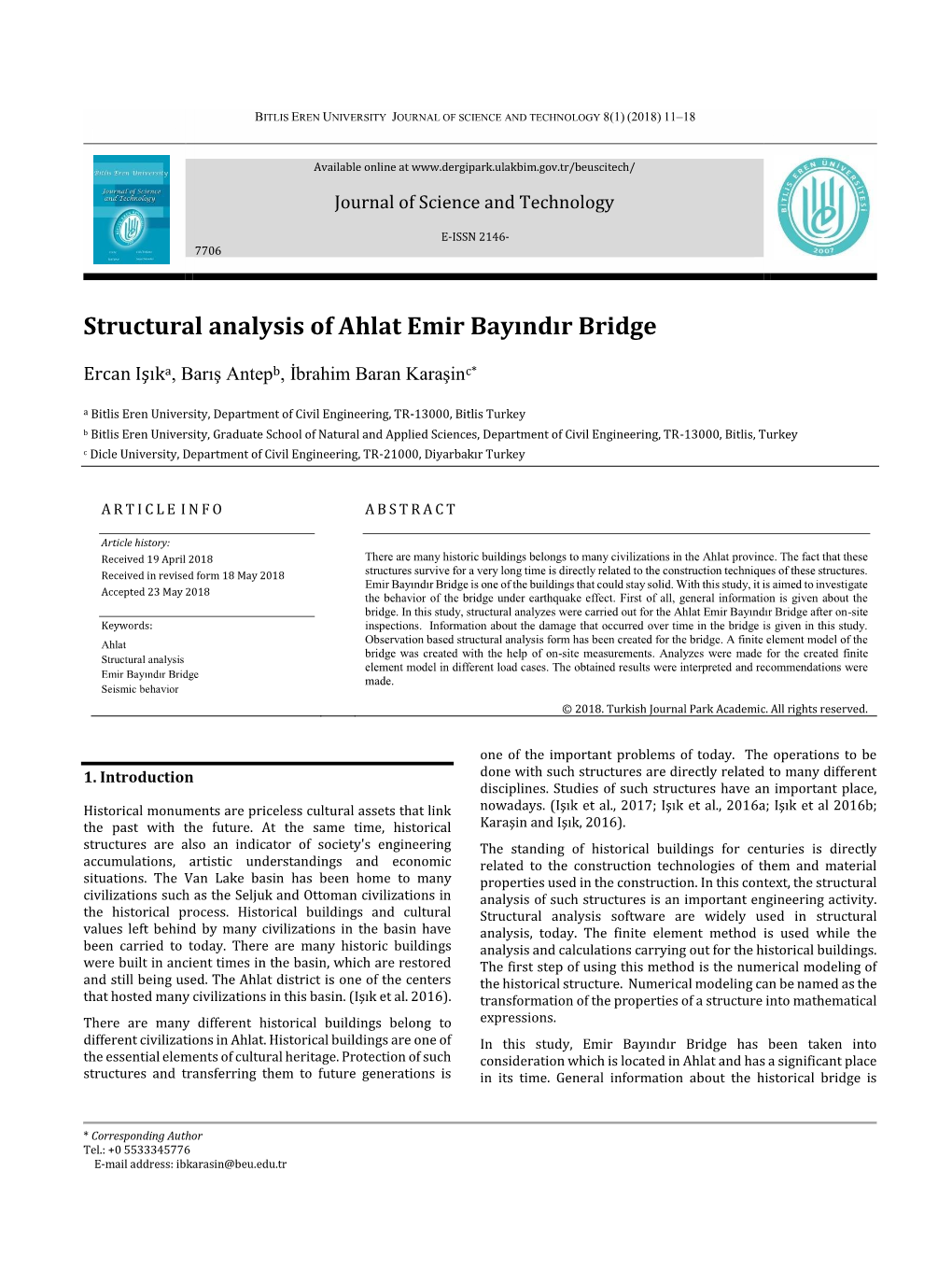 Structural Analysis of Ahlat Emir Bayındır Bridge