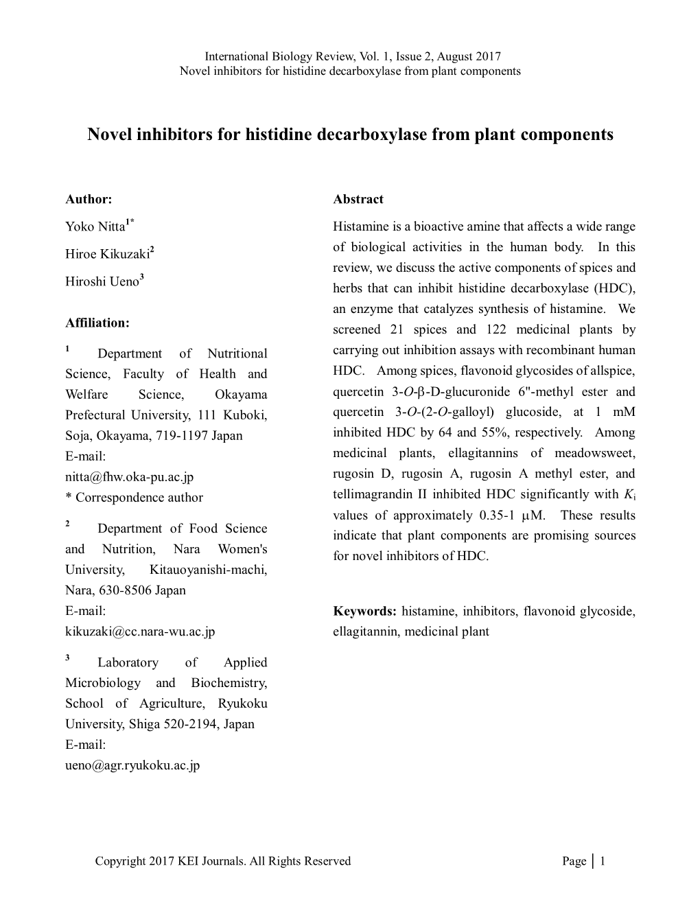 Novel Inhibitors for Histidine Decarboxylase from Plant Components