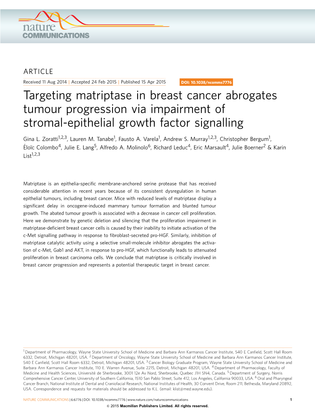 Targeting Matriptase in Breast Cancer Abrogates Tumour Progression Via Impairment of Stromal-Epithelial Growth Factor Signalling