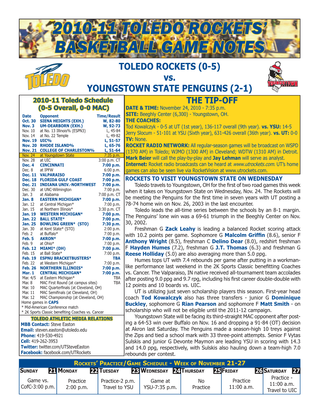 2010-11 Toledo Rockets' Basketball Game Notes