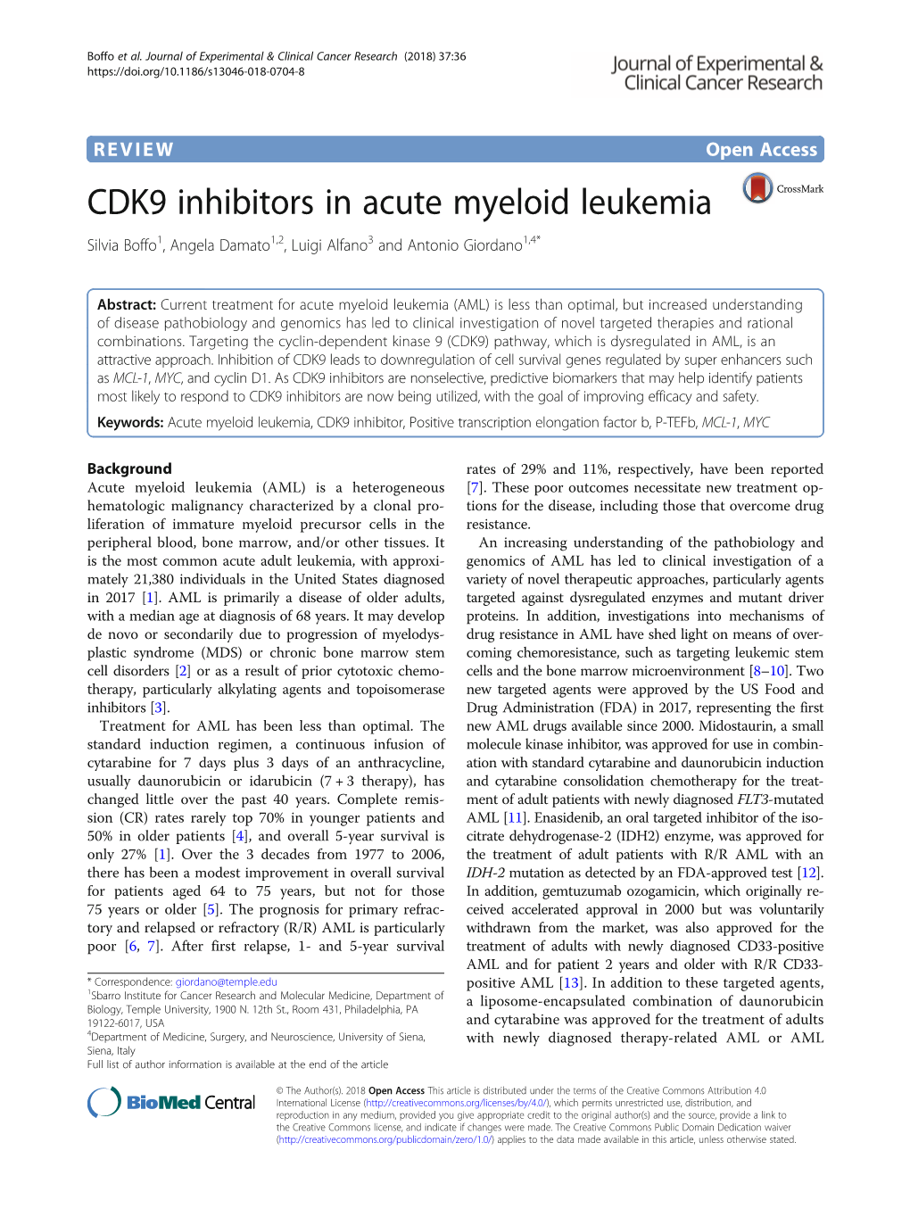 CDK9 Inhibitors in Acute Myeloid Leukemia Silvia Boffo1, Angela Damato1,2, Luigi Alfano3 and Antonio Giordano1,4*