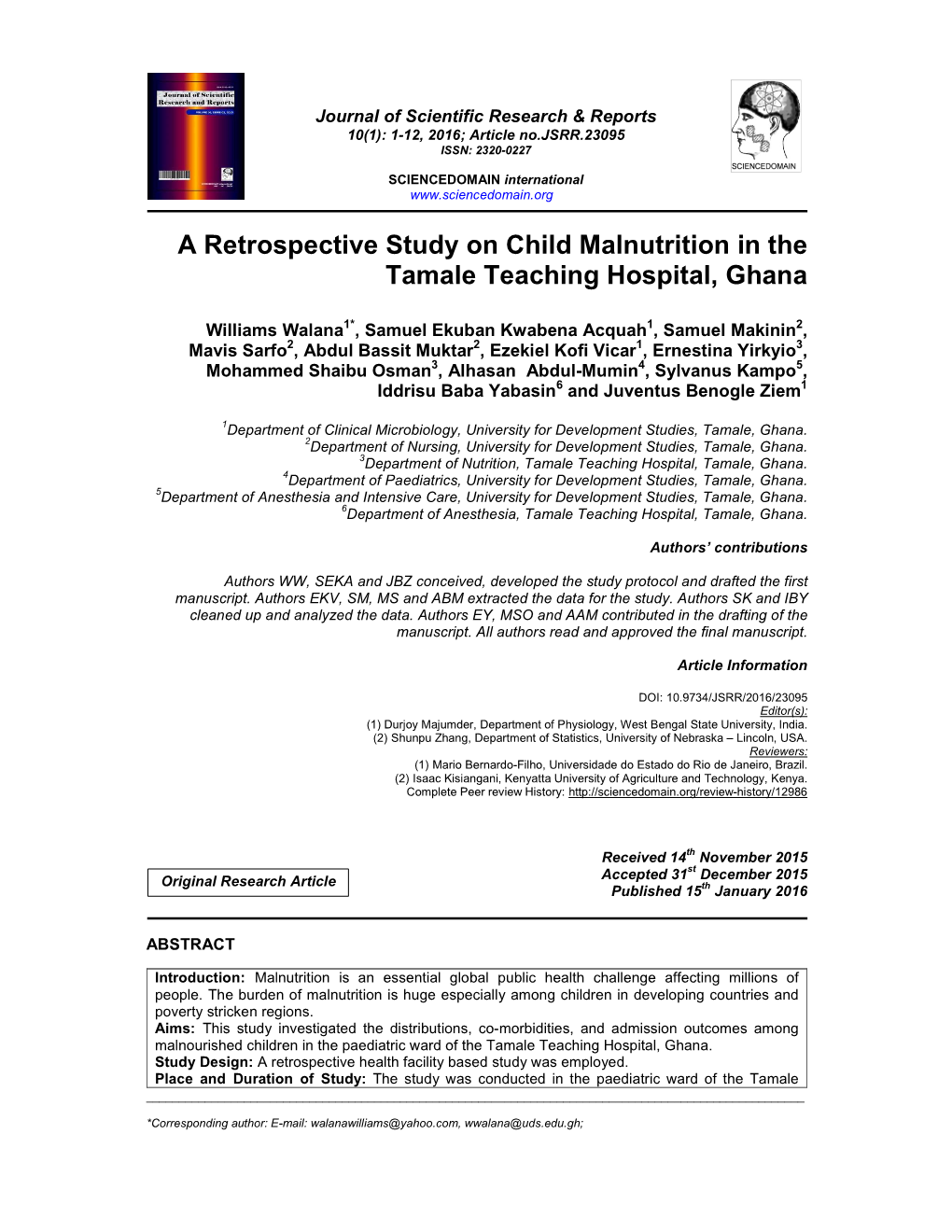 A Retrospective Study on Child Malnutrition in the Tamale Teaching Hospital, Ghana