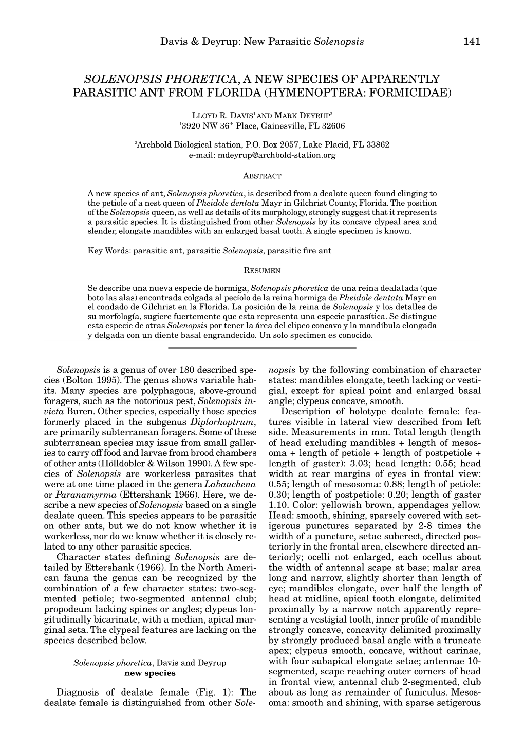 Solenopsis Phoretica, a New Species of Apparently Parasitic Ant from Florida (Hymenoptera: Formicidae)