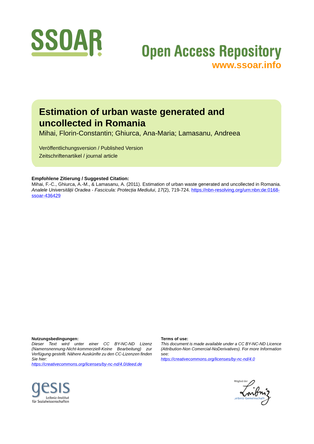 Estimation of Urban Waste Generated and Uncollected in Romania Mihai, Florin-Constantin; Ghiurca, Ana-Maria; Lamasanu, Andreea