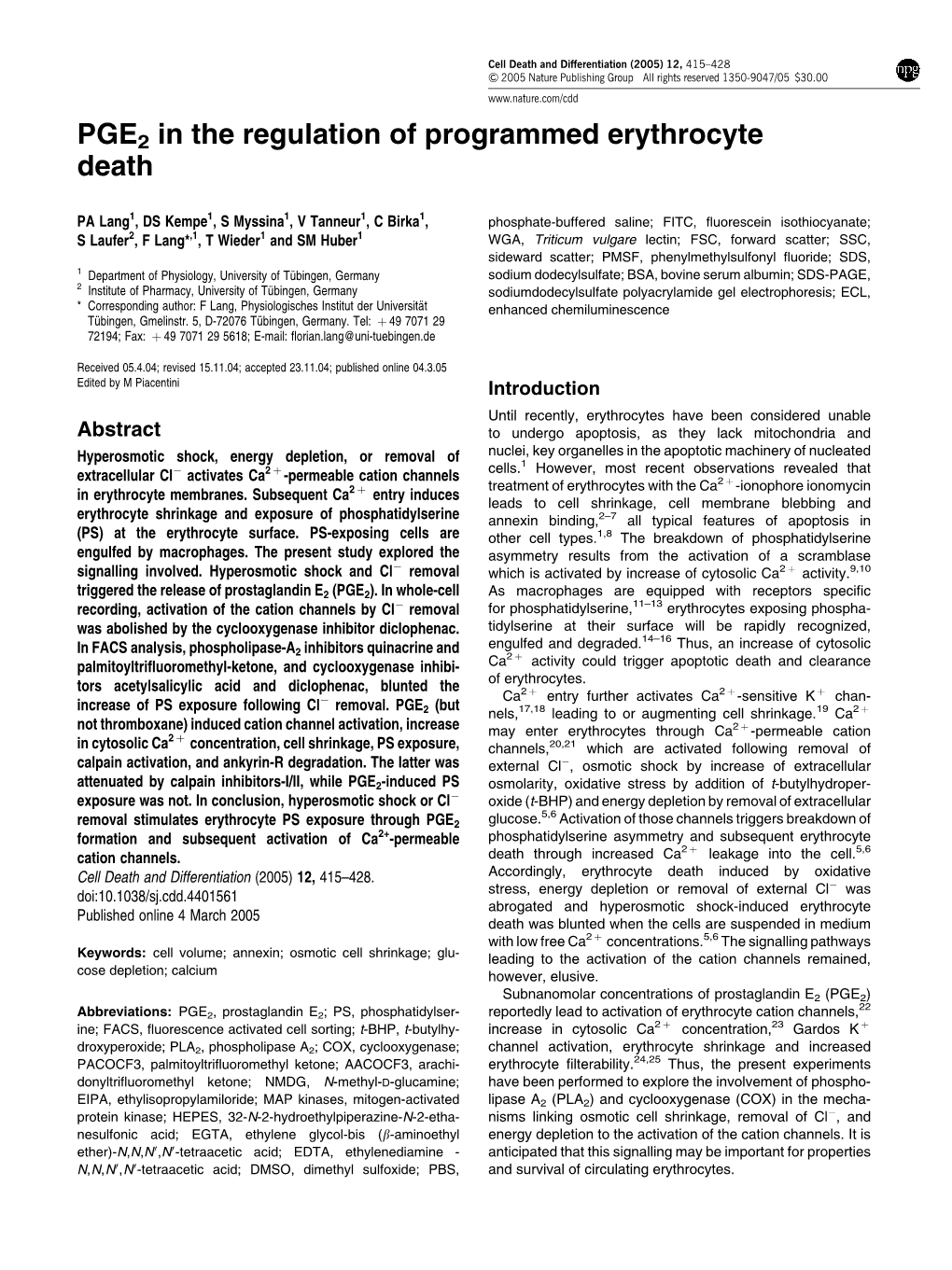 PGE2 in the Regulation of Programmed Erythrocyte Death