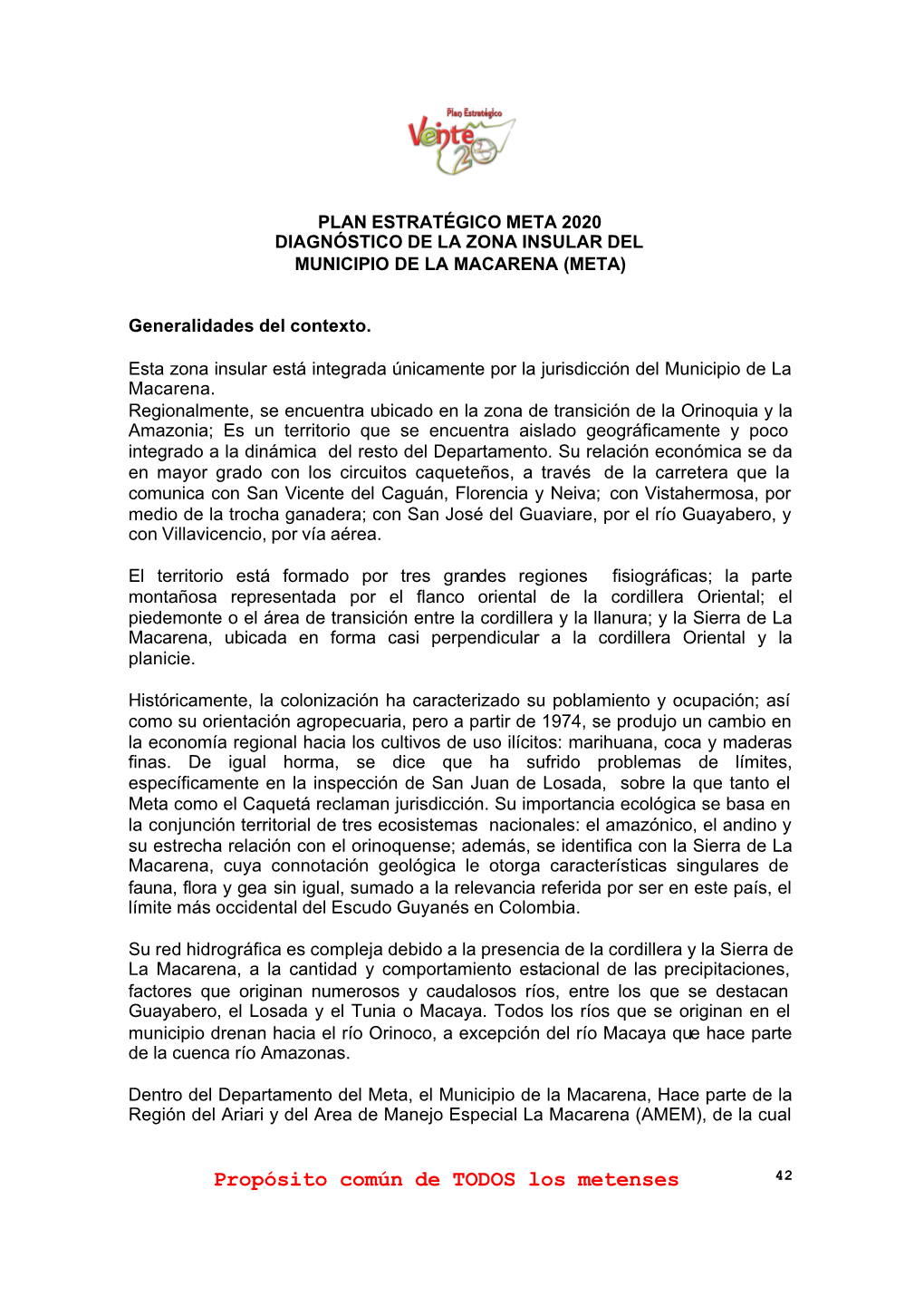 Plan Estratégico Meta 2020 Diagnóstico De La Zona Insular Del Municipio De La Macarena (Meta)