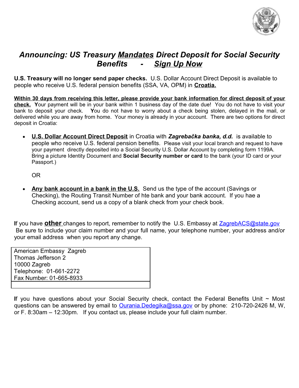 Announcing: US Treasury Mandates Direct Deposit for Social Security Benefits - Sign up Now