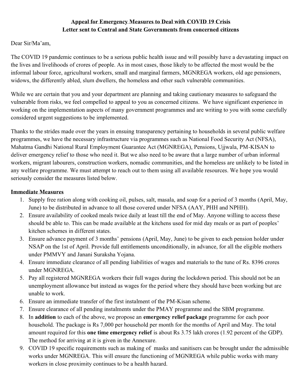 Appeal for Emergency Measures to Deal with COVID 19 Crisis Letter Sent to Central and State Governments from Concerned Citizens