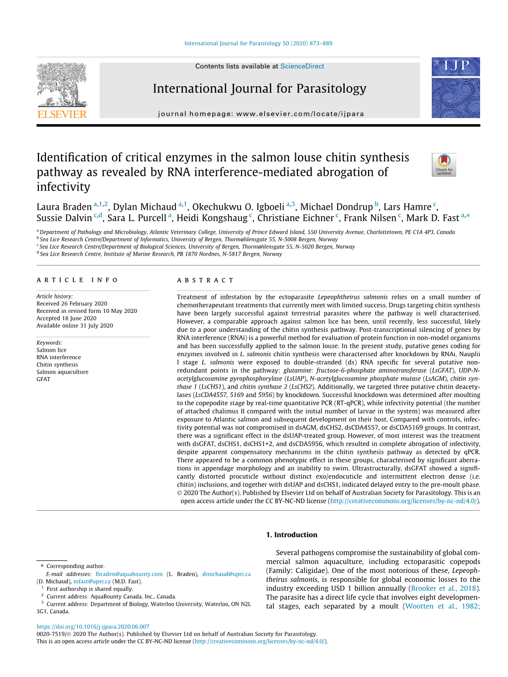 Identification of Critical Enzymes in the Salmon Louse Chitin Synthesis